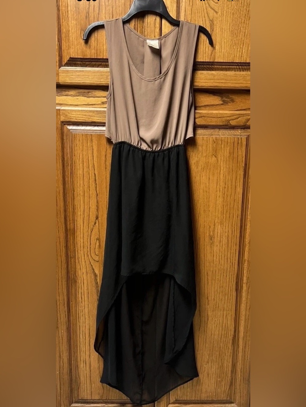 Jella Couture Hi Low Dress M Opening Back at Waist Tan & Black Lightweight Flowy
